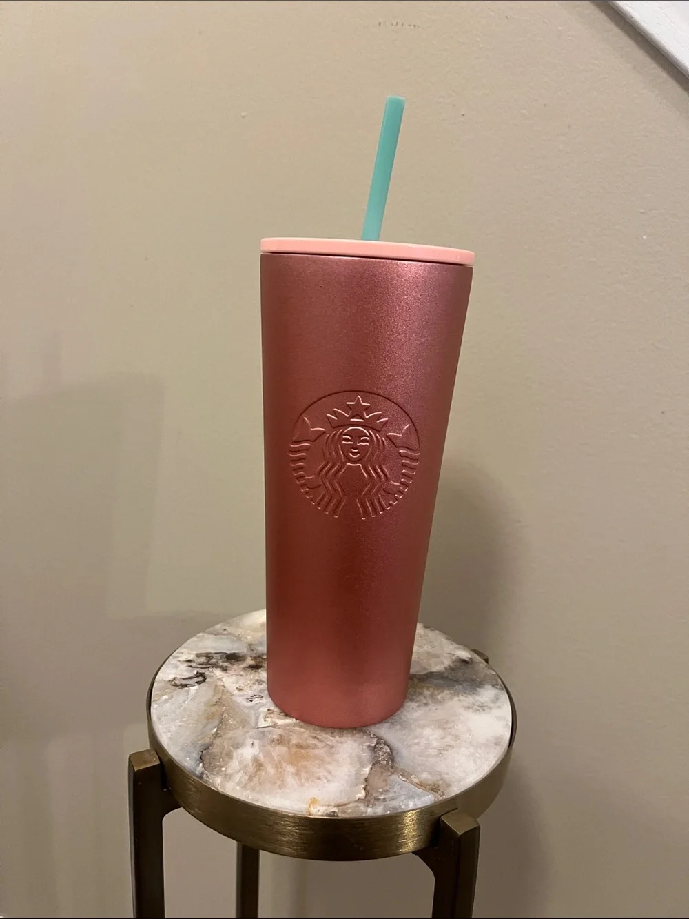 NWT Starbucks Rose Metallic Tumbler with Pale Pink Lid and Mint Straw 24oz